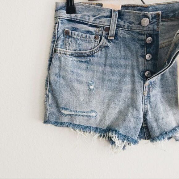 Levi’s 501 Original Distressed Button Fly Raw Edge Cutoff Denim Shorts Size 27 - Picture 6 of 9